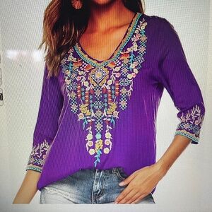 LauraKlein Women's Boho Embroidered Peasant Tops 3/4 Sleeve V Neck XL